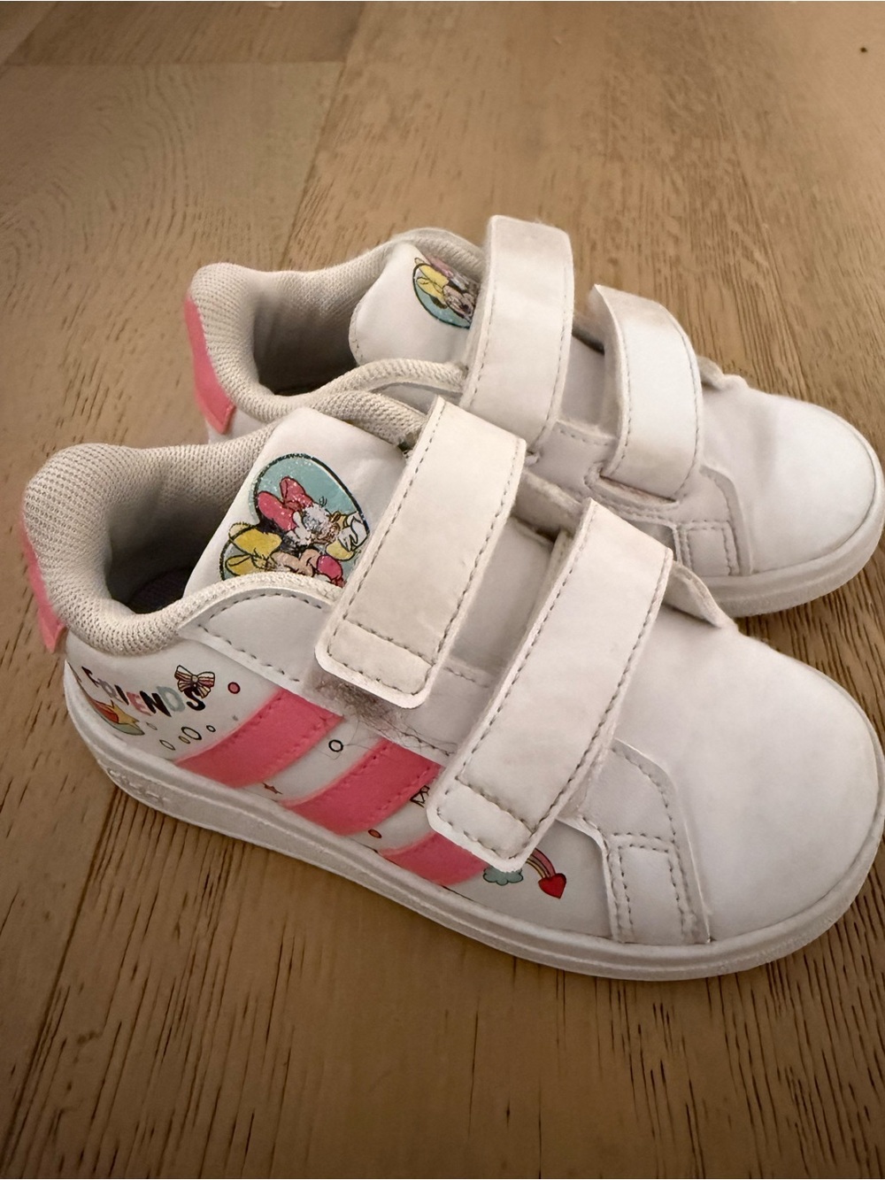 adidas White and Pink Velcro Kids Sneakers with Character Accents